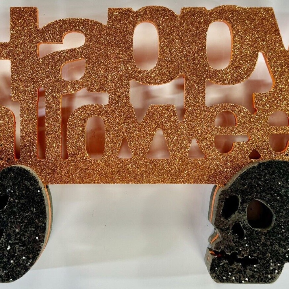 2014 Happy Halloween Glitter Table Piece Sign Skull Pumpkin Orange Black New NOS